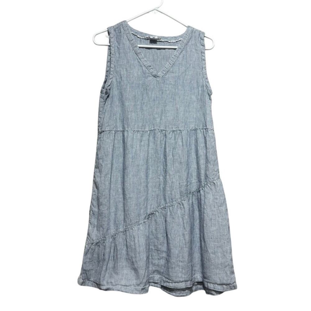 Lucky Brand 100% Linen Blue White Striped Sleeveless Tiered V-Neck Dress Size S - Picture 1 of 7